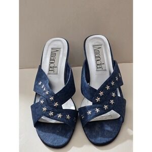 Amanda Lauren Blue Denim Star Studded Silver Kitten Heel Slide Sandals Size 8M